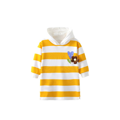 Autumn Arrival Kids Girls Flowers and Striped Pattern Long Sleeves Dress with Hood, MyKids-USA®, Baby & Toddler Dresses, MyKids-USA - Size/Age - 100 (2-3Y) - Color - Yellow -  -  - TR2509232319-A