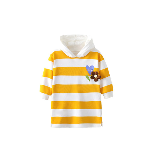 Autumn Arrival Kids Girls Flowers and Striped Pattern Long Sleeves Dress with Hood, MyKids-USA®, Baby & Toddler Dresses, MyKids-USA - Size/Age - 100 (2-3Y) - Color - Yellow -  -  - TR2509232319-A