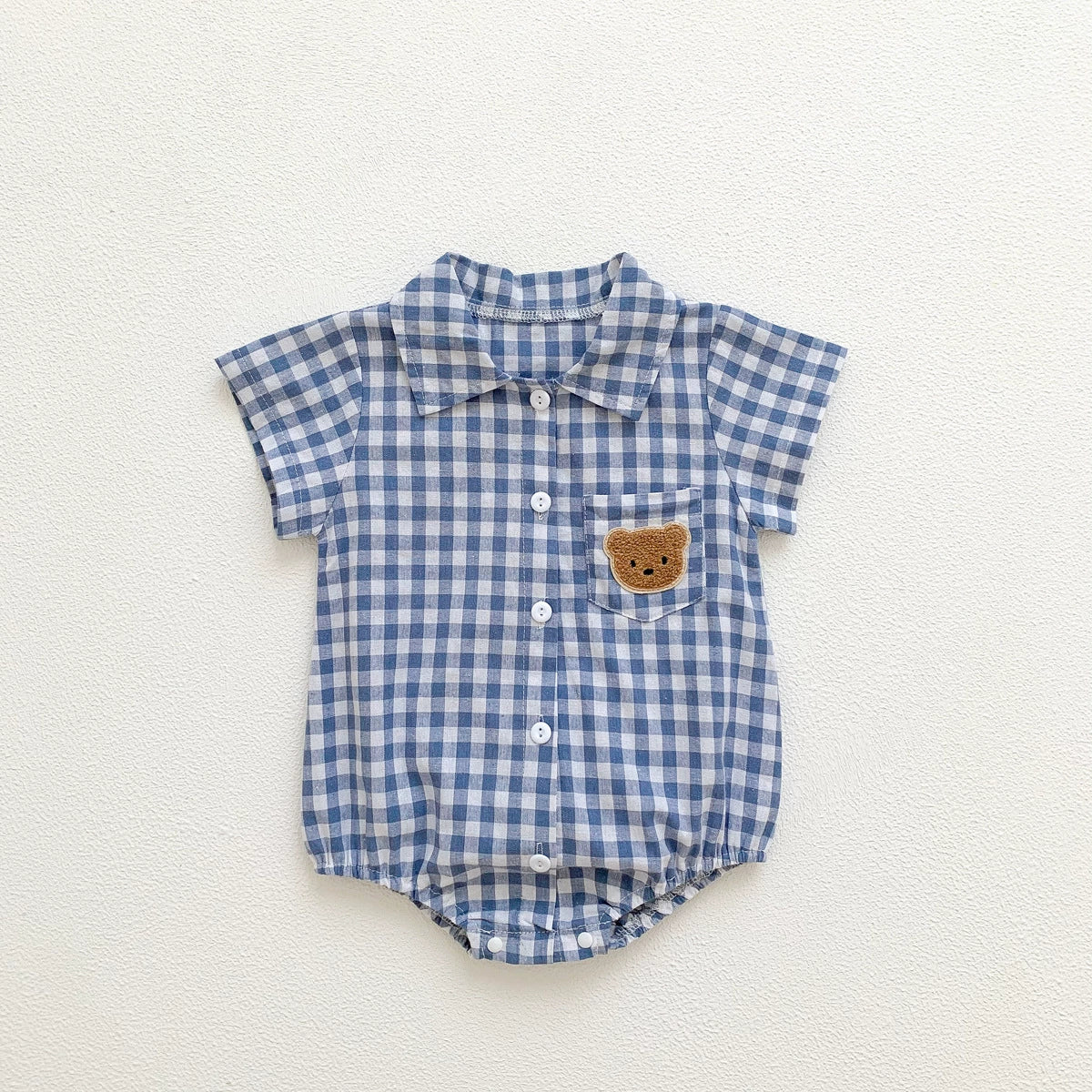 Summer Arrival Baby Boys Plaid and Teddy Bear Pattern Short Sleeves Onesies with Turn-down Collar, MyKids-USA®, Baby One-Pieces, MyKids-USA - Size/Age - 66 (3-6M) - Color - Blue -  -  - TR2506182019-B