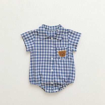 Summer Arrival Baby Boys Plaid and Teddy Bear Pattern Short Sleeves Onesies with Turn-down Collar, MyKids-USA®, Baby One-Pieces, MyKids-USA - Size/Age - 66 (3-6M) - Color - Blue -  -  - TR2506182019-B