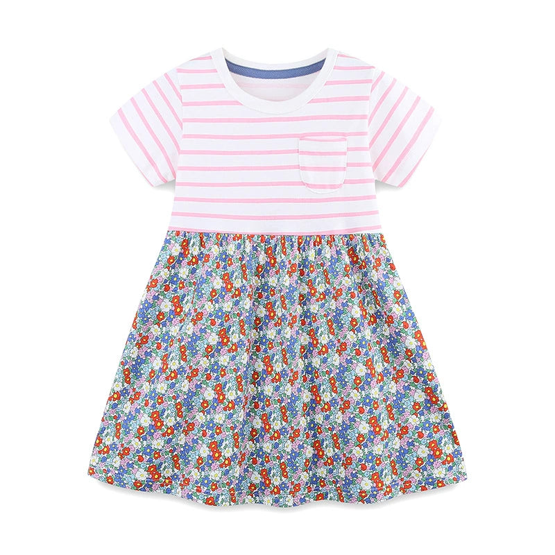 Summer Arrival Striped and Flowers Pattern Short Sleeves Color Patchwork Dress for Stylish Girls, MyKids-USA®, Baby & Toddler Dresses, MyKids-USA -  -  -  -  -  -  - 