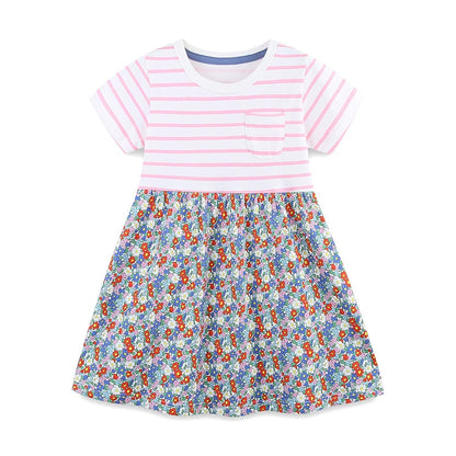Summer Arrival Striped and Flowers Pattern Short Sleeves Color Patchwork Dress for Stylish Girls, MyKids-USA®, Baby & Toddler Dresses, MyKids-USA -  -  -  -  -  -  - 