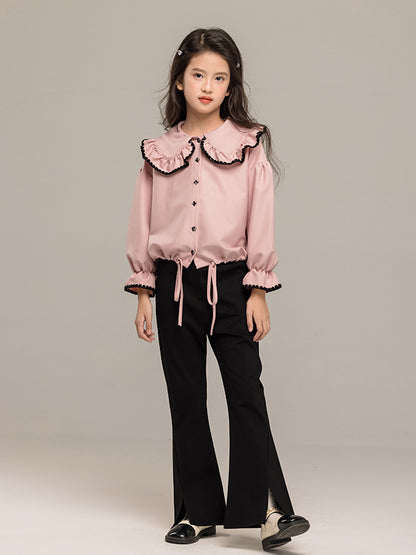 Arrival Autumn Kids Girls Long Sleeves Pink Single Breasted Top and Black Flared Pants Sets