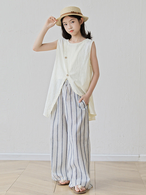 Arrival Summer Baby Kids Girls Sleeveless Plain Top and Striped Pants Sets