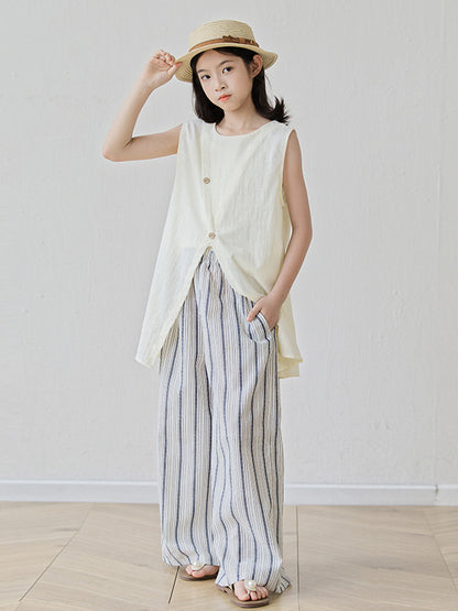 Arrival Summer Baby Kids Girls Sleeveless Plain Top and Striped Pants Sets
