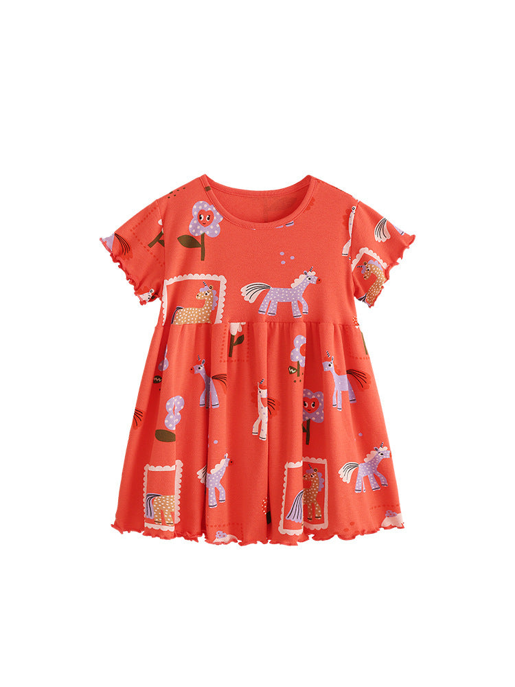 Summer Baby Kids Girls Short Sleeves Flowers and Cartoon Pattern Dress