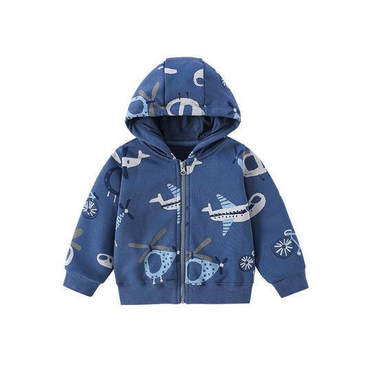 European And American Style Boys’ Outerwear: Hooded Zip-Up Helicopter Cartoon Coat With Long Sleeves For Children