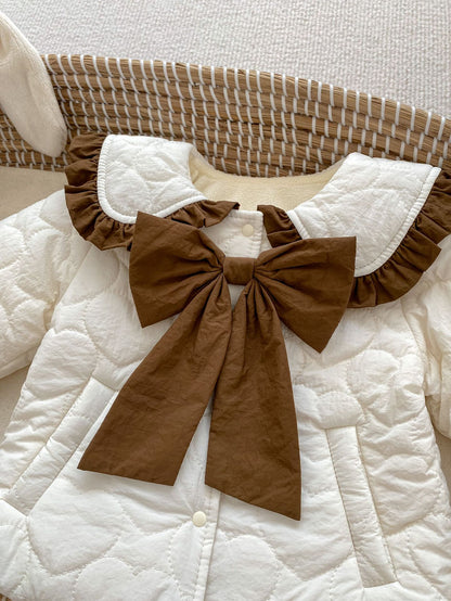 Baby Girl Bow Tie Design Thickened Long Sleeves Cardigan Coat