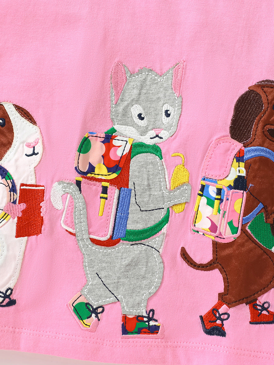 Summer Animals Pattern Short-sleeved Pink Dress with Colorful Striped Neck for Stylish Girls, MyKids-USA®, Baby & Toddler Dresses, MyKids-USA -  -  -  -  -  -  - 