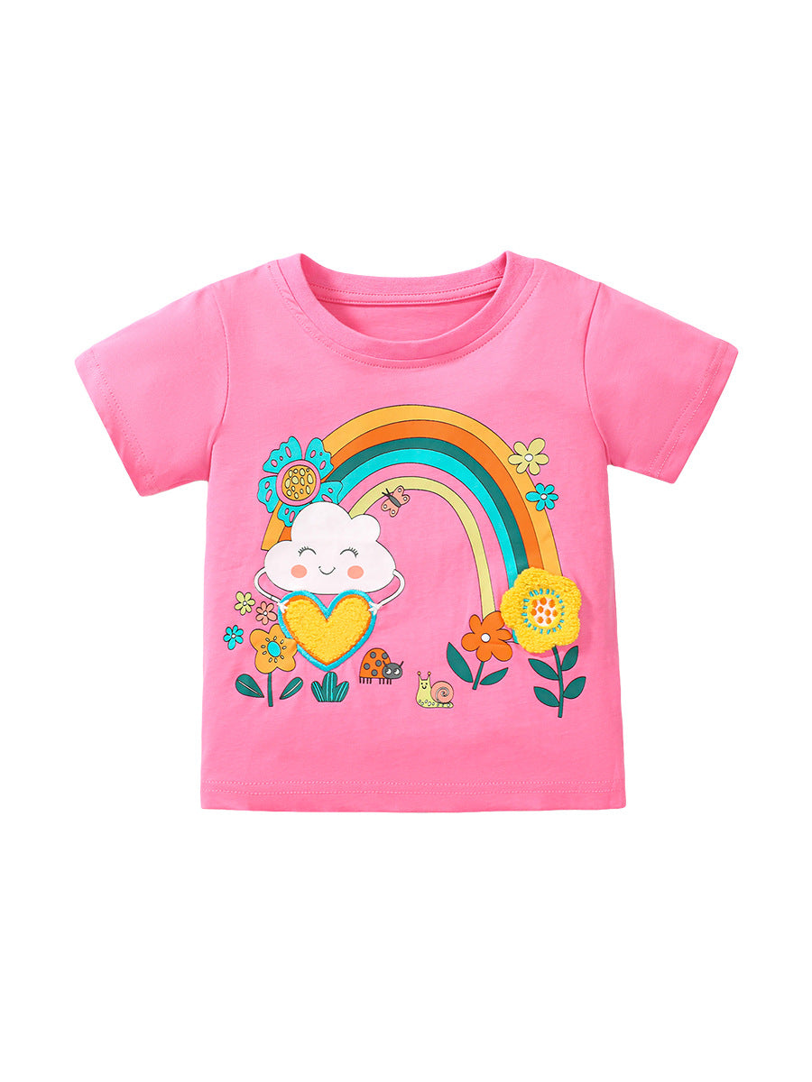 Round Neck Rainbow Cartoon Flowers Pattern Girls’ T-Shirt In European And American Style For Summer