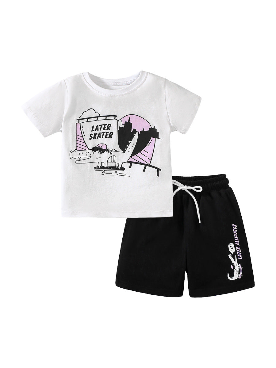 Baby And Kids Boys Alligator Cartoon Short Sleeves Top And Shorts 2-Piece Casual Clothing Set