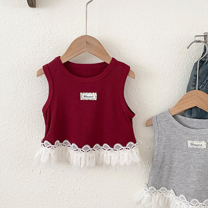 Arrival Summer Baby Kids Girls Sleeveless Lace Trim Color Patchwork Vest, MyKids-USA®, Baby & Children's Tops, MyKids-USA - Size/Age - 90 (12-24M) - Color - Red -  -  - TR2604202302-C.
