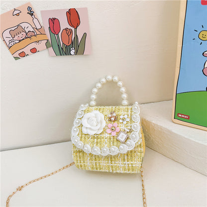 Stylish Plaid Carry-On Girls’ Portable 3D Flower Beaded Crossbody Handbag