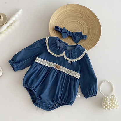Spring Arrival Baby Girls Long Sleeves Blue Lace Trim Bodysuit