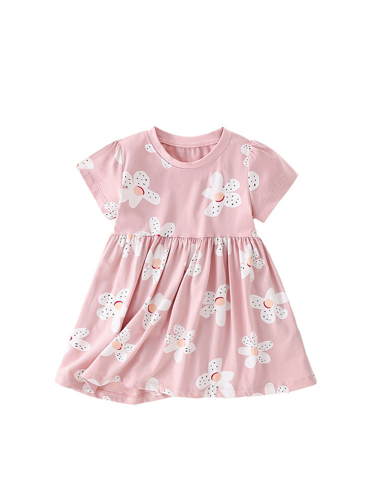 Spring And Summer Baby Girls Short Sleeves Floral Pink Dress