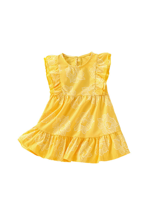 Summer Arrival Girls’ Flowers Pattern Fly Sleeves Crew Neck Yellow Dress, MyKids-USA®, Baby & Toddler Dresses, MyKids-USA - Size/Age - 90 (12-24M) - Color - Yellow -  -  - TR2405302349-A