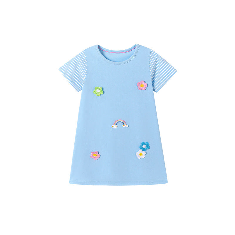 Summer Arrival Flowers and Striped Pattern Short Sleeves Dress for Stylish Girls