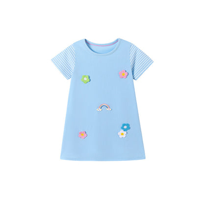 Summer Arrival Flowers and Striped Pattern Short Sleeves Dress for Stylish Girls