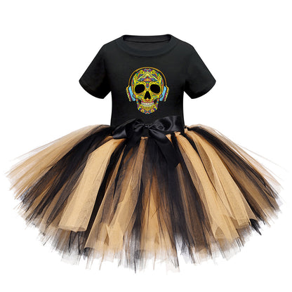 Arrival Girls’ Halloween Costume: Short Sleeves Cartoon Print Witches Cosplay Party Tulle Patchwork Dress, MyKids-USA®, Costume Dresses, MyKids-USA - Size/Age - S (1-3Y) - Color - Apricot -  -  - TR2409081536.