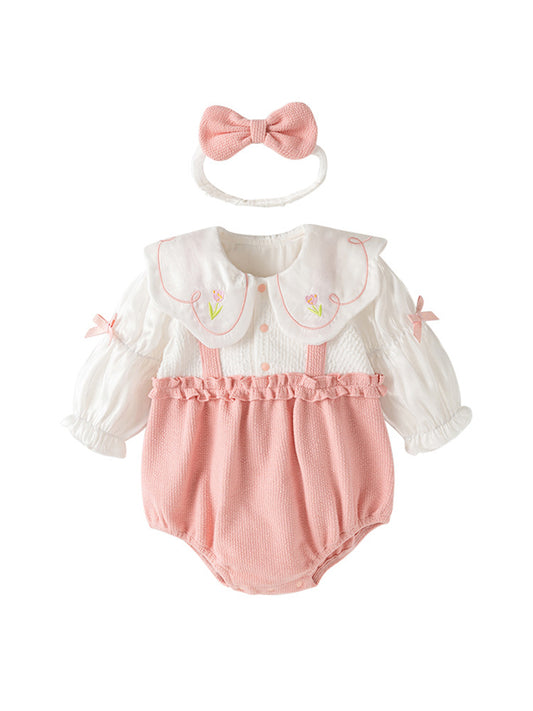 Autumn Arrival Baby Girls Flowers Pattern Embroidery Collar Color Patchwork Onesies, MyKids-USA®, Baby One-Pieces, MyKids-USA - Size/Age - 66 (3-6M) - Color - Pink -  -  - TR2408062321-A