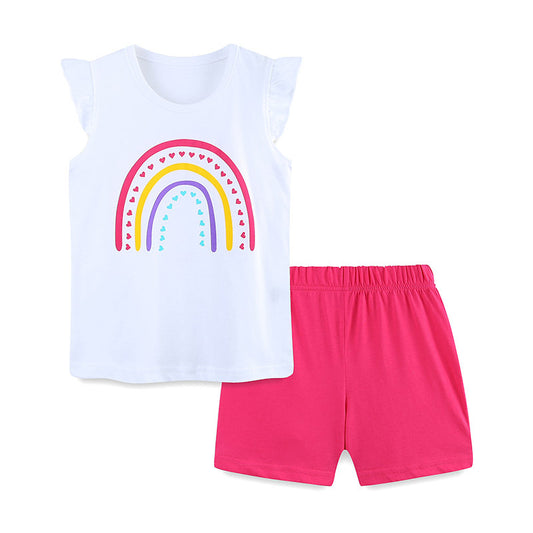 Summer Baby Kids Girls Heart Rainbow Print T-Shirt And Shorts Clothing Set