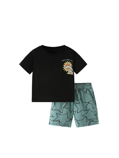 Summer Baby Kids Sun and Stars Pattern T-shirt and Shorts Clothing Set for Boys, MyKids-USA®, Baby & Toddler Outfits, MyKids-USA - Size/Age - 110 (3-5Y) - Color - Black -  -  - TR2504252035-A