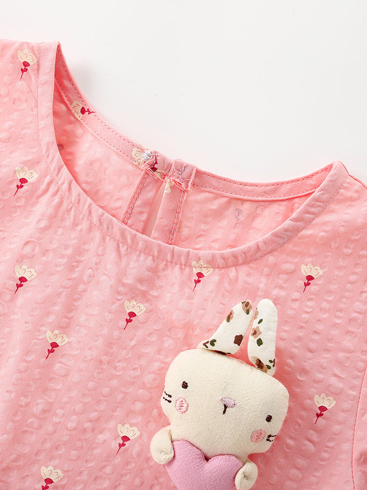 Summer Baby Kids Girls Short Sleeves Cute Flowers and Cartoon Pattern Dress