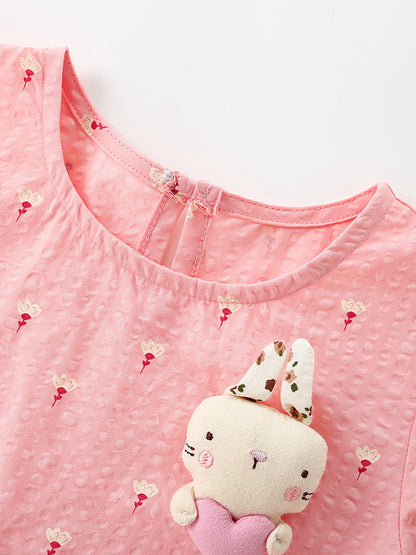 Summer Baby Kids Girls Short Sleeves Cute Flowers and Cartoon Pattern Dress