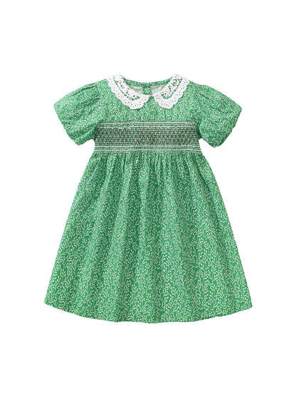 Summer Baby Kids Girls Short Sleeves Lace Collar Vine Print Dress
