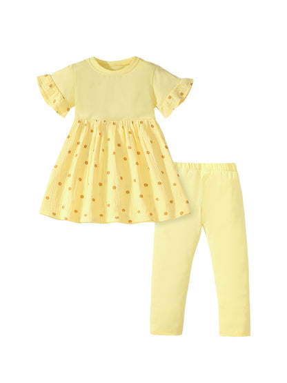 Summer Baby Kids Girls Polka Dots Yellow Dress And Pants 2-Piece Clothing Set