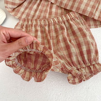 Baby Girl Plaid Pattern Short Sleeve Tee With Shorts Sets