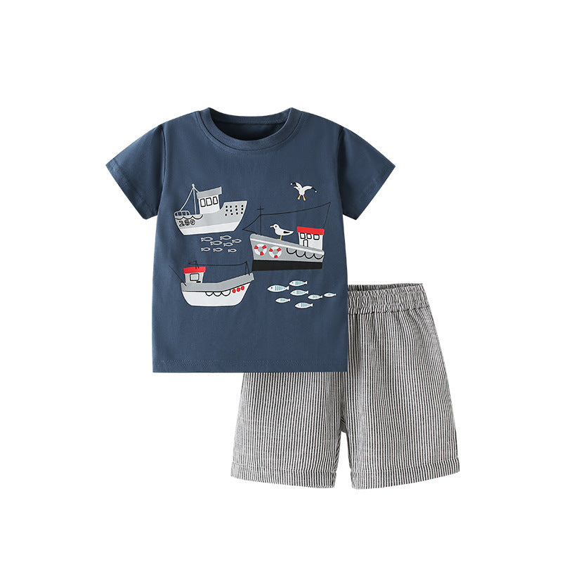 Summer Baby Kids Casual Ships Cartoon Pattern T-shirt and Striped Shorts Clothing Set for Boys, MyKids-USA®, Baby & Toddler Outfits, MyKids-USA - Size/Age - 100 (2-3Y) - Color - Navy Blue (Dark Blue) -  -  - TR2505181106-A