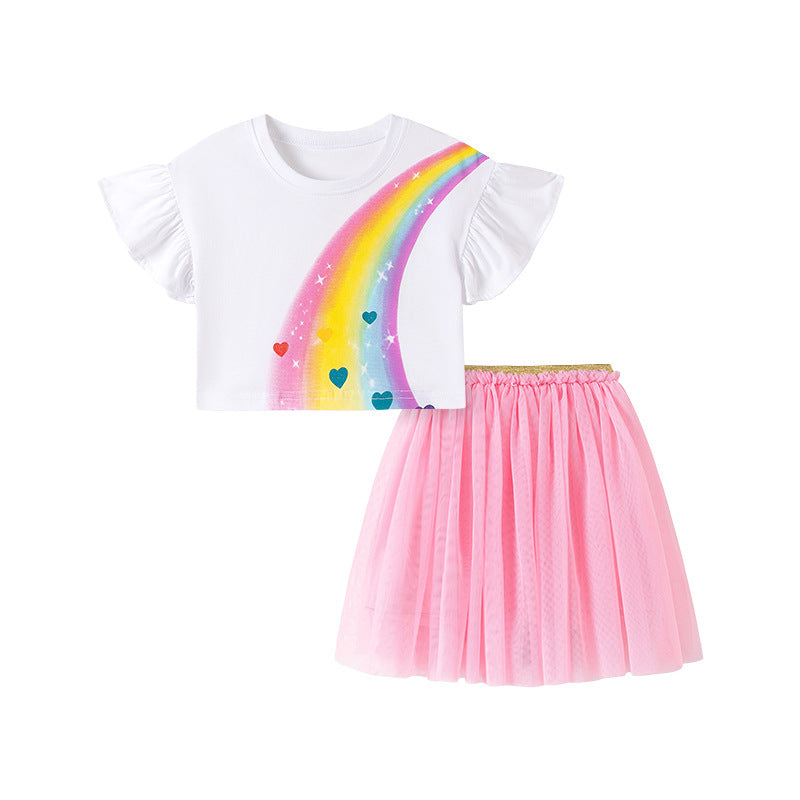 Summer Hot Selling Baby Kids Girls Short Sleeves Rainbow and Hearts Pattern T-shirt and Pink Skirt Clothing Set