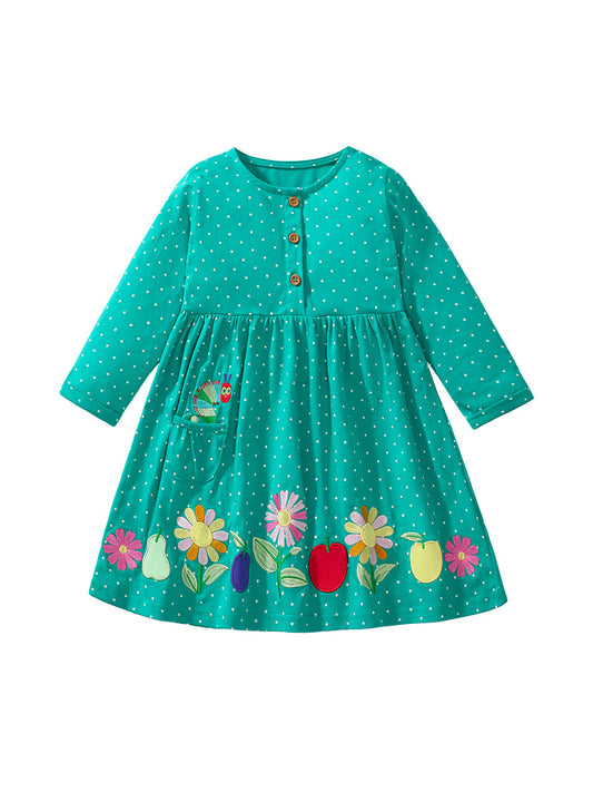 Design Autumn Girls Fruits And Flowers Pattern Crew Neck Long Sleeves Green Dress, MyKids-USA®, Baby & Toddler Dresses, MyKids-USA - Size/Age - 90 (12-24M) - Color - Green -  -  - TR2407102302-A