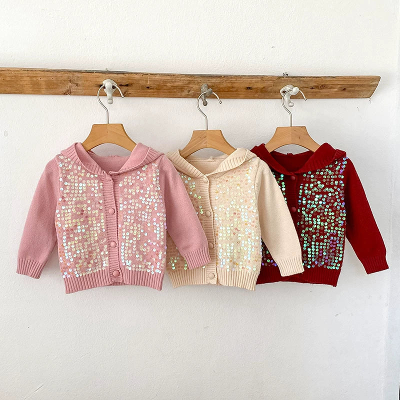Autumn Arrival Baby Girls Comfortable Sequins Decorated Knitted Long Sleeves Cardigan with Hood, MyKids-USA®, Cardigans, MyKids-USA -  -  -  -  -  -  - 