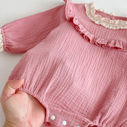 Spring Arrival Baby Girls Long Sleeves Pink Lace Trim Bodysuit
