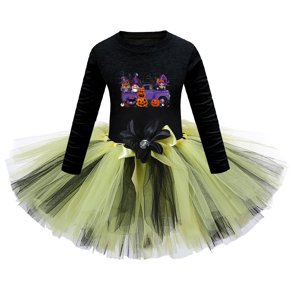Arrival Girls’ Halloween Costume: Long Sleeves Cartoon Print Witches Cosplay Party Tulle Patchwork Dress, MyKids-USA®, Costume Dresses, MyKids-USA - Size/Age - S (1-3Y) - Color - Apricot -  -  - TR2409090955.