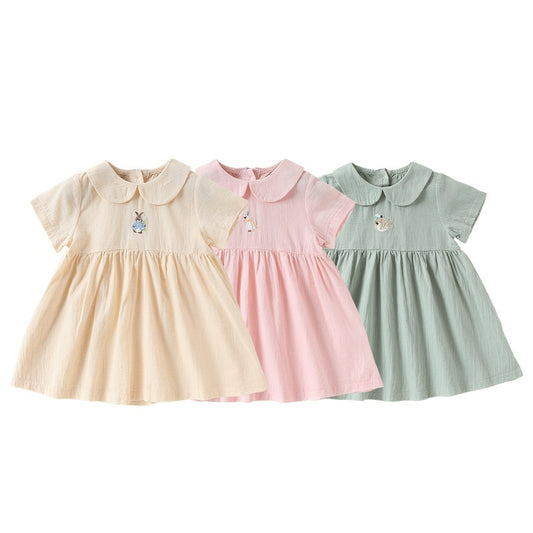 Summer Arrival Baby Girls Short Sleeves Cartoon Embroidered Pattern Dress