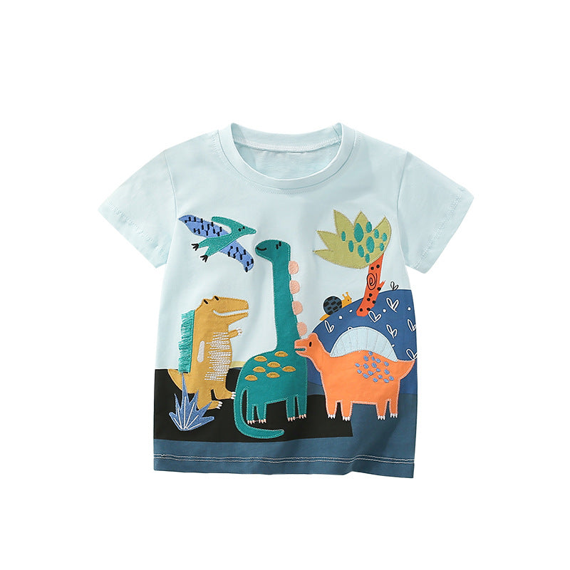 Summer Boys’ Cartoon Animals Dinosaurs Pattern T-shirt in European and American Style, MyKids-USA®, Baby & Toddler Tops, MyKids-USA - Size/Age - 100 (2-3Y) - Color - Blue -  -  - TR2505011831-A