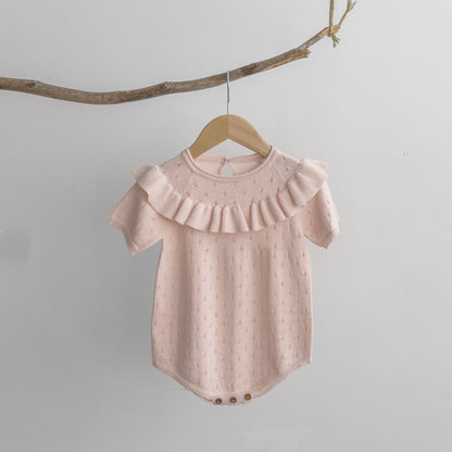 Baby Girl Solid Color Ruffle Design Breathable Knitted Onesies