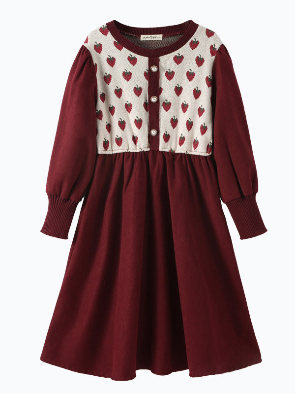 Autumn Arrival Long Sleeves Strawberry Pattern Knitted Dress for Stylish Girls
