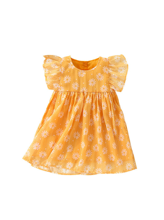 Summer Arrival Baby Kids Girls Fly Sleeves Floral Print Crew Neck Dress, MyKids-USA®, Baby & Toddler Dresses, MyKids-USA - Size/Age - 90 (12-24M) - Color - Orange -  -  - TR2405242359-A