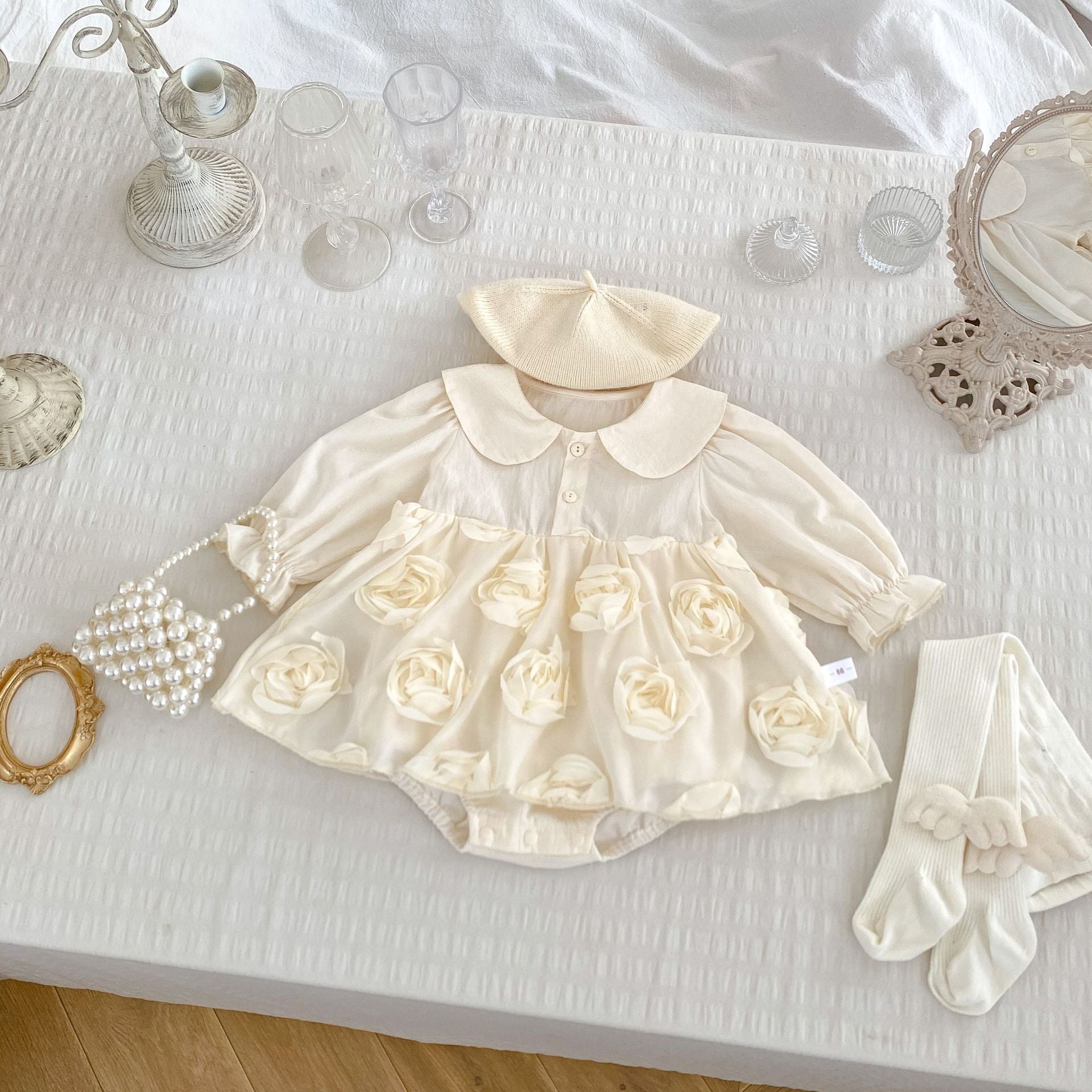 Autumn Arrival Baby Girls Long Sleeves Solid Color 3D Tulle Flowers Attached Bodysuits Dress, MyKids-USA®, Baby & Toddler Dresses, MyKids-USA - Size/Age - 66 (3-6M) - Color - Beige -  -  - TR2409031000-A
