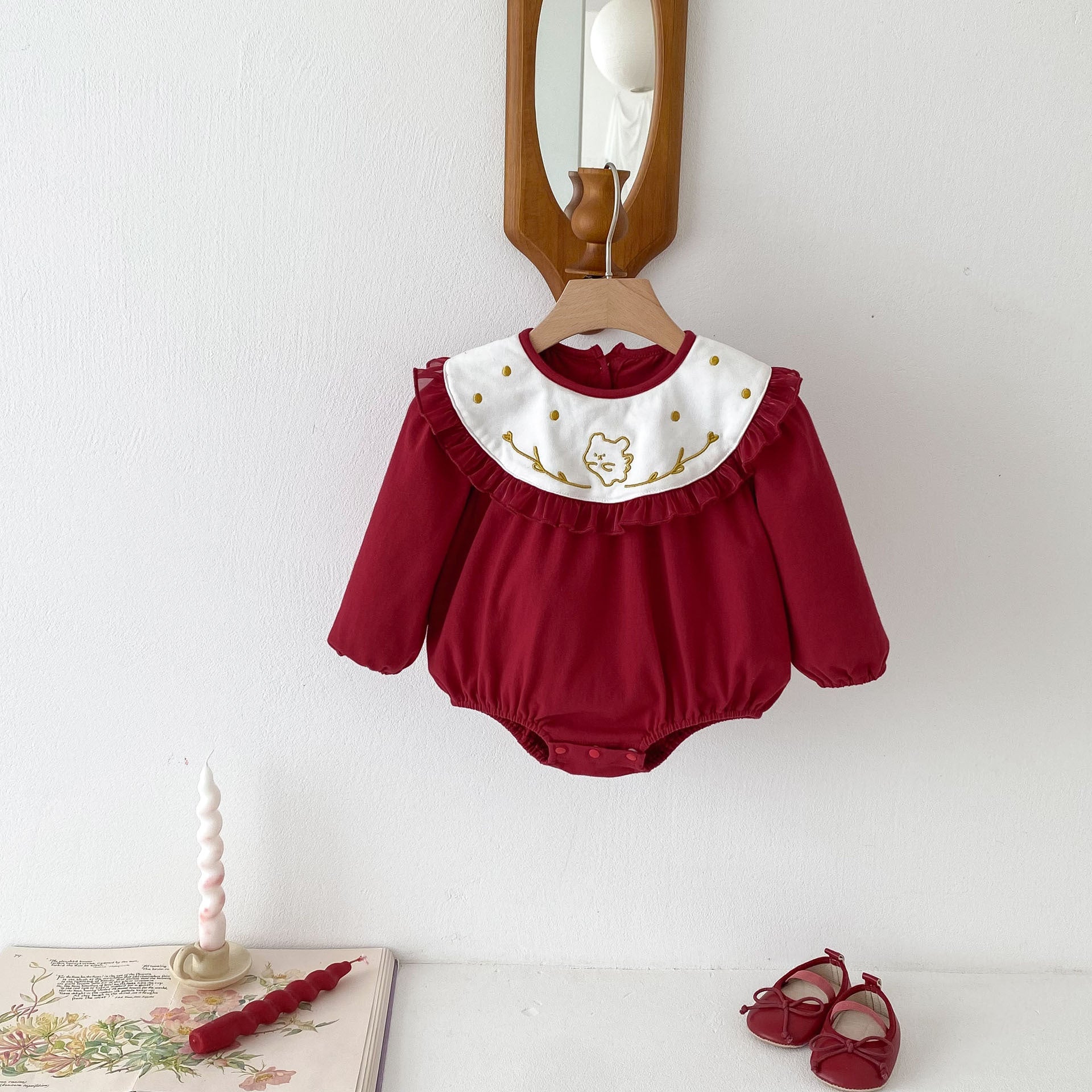 Autumn Arrival Baby Girls Long Sleeves Rabbit Embroidery Collar Red Onesies, MyKids-USA®, Baby One-Pieces, MyKids-USA - Size/Age - 66 (3-6M) - Color - Red -  -  - TR2408201342-A