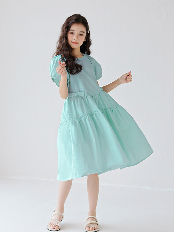 Hot Selling Summer Kids Girls Simple Style Solid Color Plain Cotton Short Sleeves Green Dress - 120 (5-7Y) / Green Hot Selling Summer Kids Girls Simple Style Solid Color Plain Cotton Short Sleeves Green Dress - 120 (5-7Y) / Green