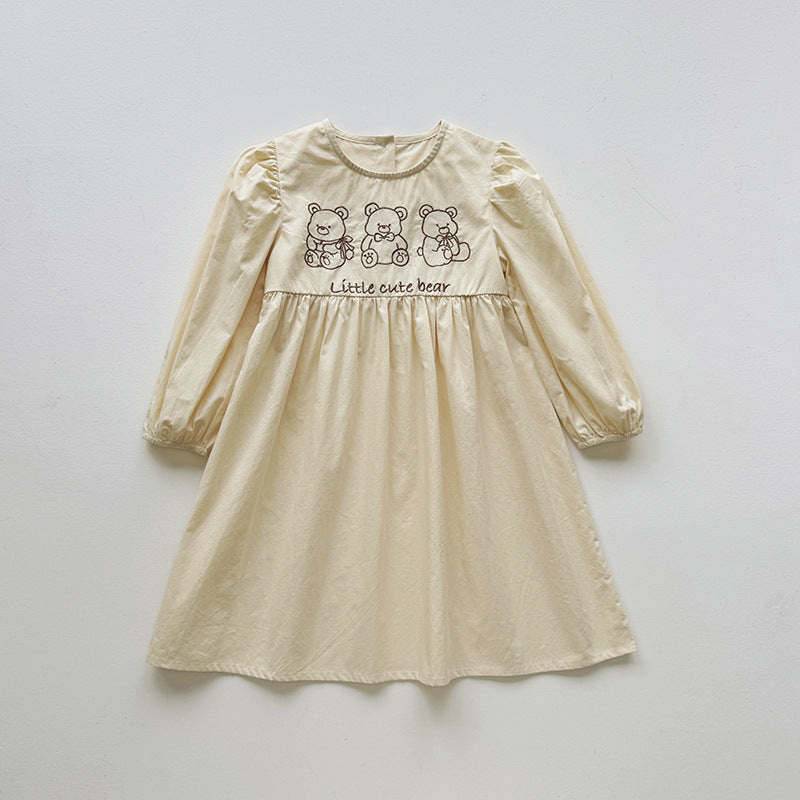 Baby Kids Girls Teddy Bear and Letters Pattern Long Sleeves Crew Neck Dress, MyKids-USA®, Baby & Toddler Dresses, MyKids-USA - Size/Age - 90 (12-24M) - Color - Beige -  -  - TR2509102304-A