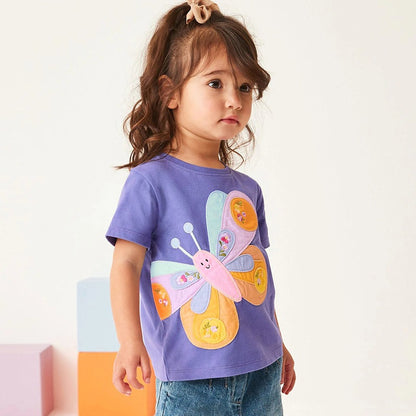 New Arrival: Cute Knit Round Neck Floral Butterfly Cartoon Girls’ T-Shirt In European And American Style For Summer