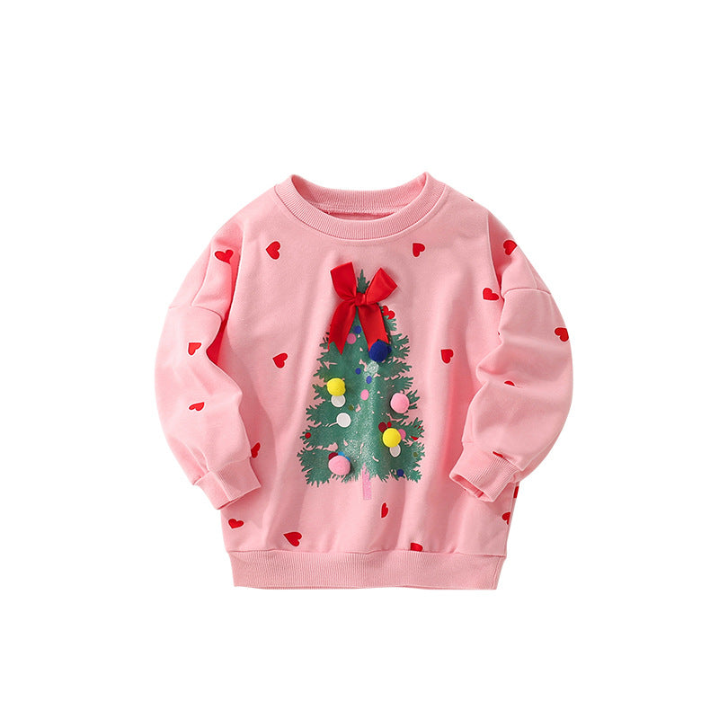 Autumn and Spring Arrival Christmas Tree and Hearts Pattern Long Sleeves Pullover for Stylish Girls, MyKids-USA®, Sweatshirts, MyKids-USA - Size/Age - 100 (2-3Y) - Color - Pink -  -  - TR2509132238-A