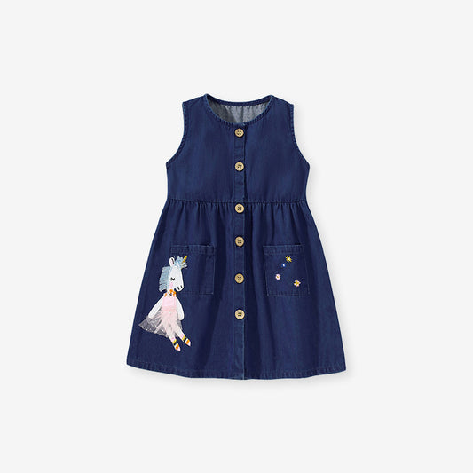 Girls Unicorn Cartoon Pattern Navy Blue Denim Dress