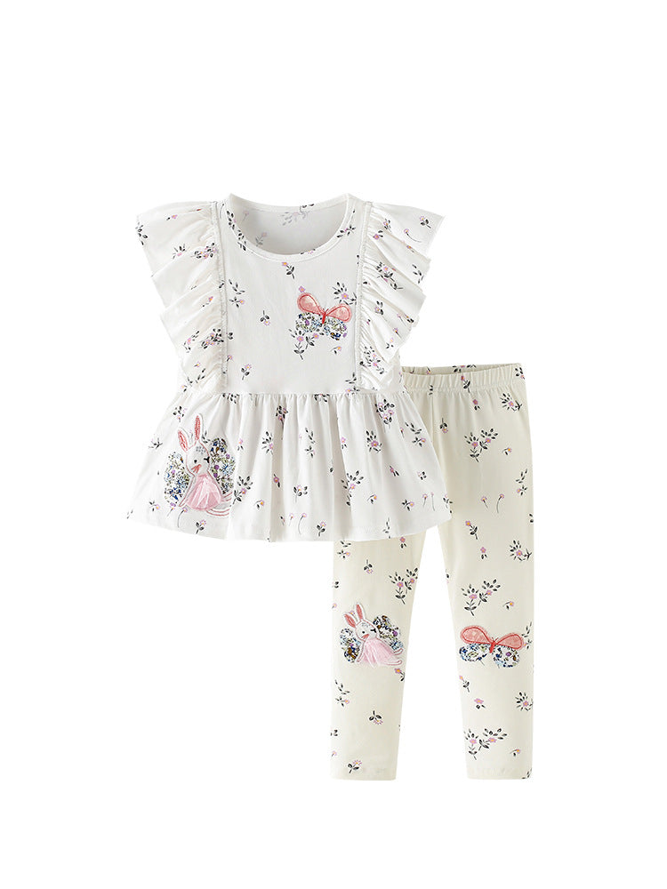 Arrival Summer Baby Kids Girls Fly Sleeves Cartoon Pattern Top and Floral Pants Clothing Set